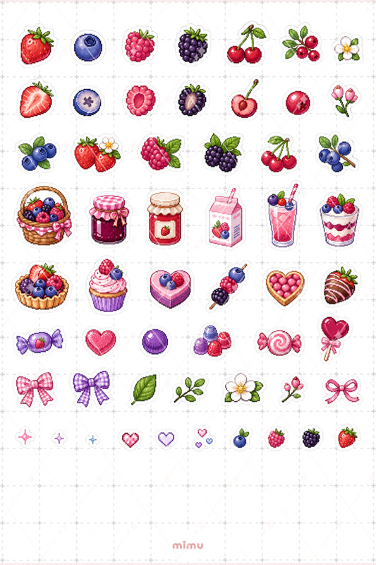 Pixel Art Orman Meyveleri Sticker Seti Berry Meyve Temalı Dekoratif 2'li Etiket