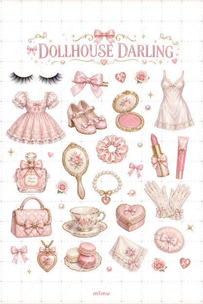 Dollhouse Darling Sticker Seti Pembe Romantik Dollhouse Core Estetik Etiket