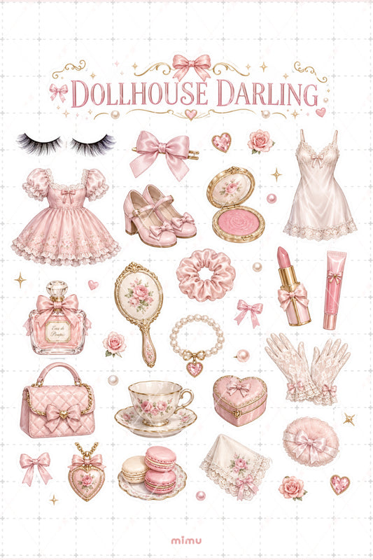 Dollhouse Darling Sticker Seti Pembe Romantik Dollhouse Core Estetik Etiket