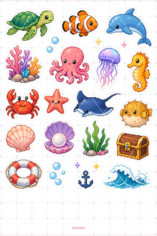 Pixel Art Deniz Sticker Seti Sea Dalga ve Sahil Temalı Dekoratif 2'li Etiket