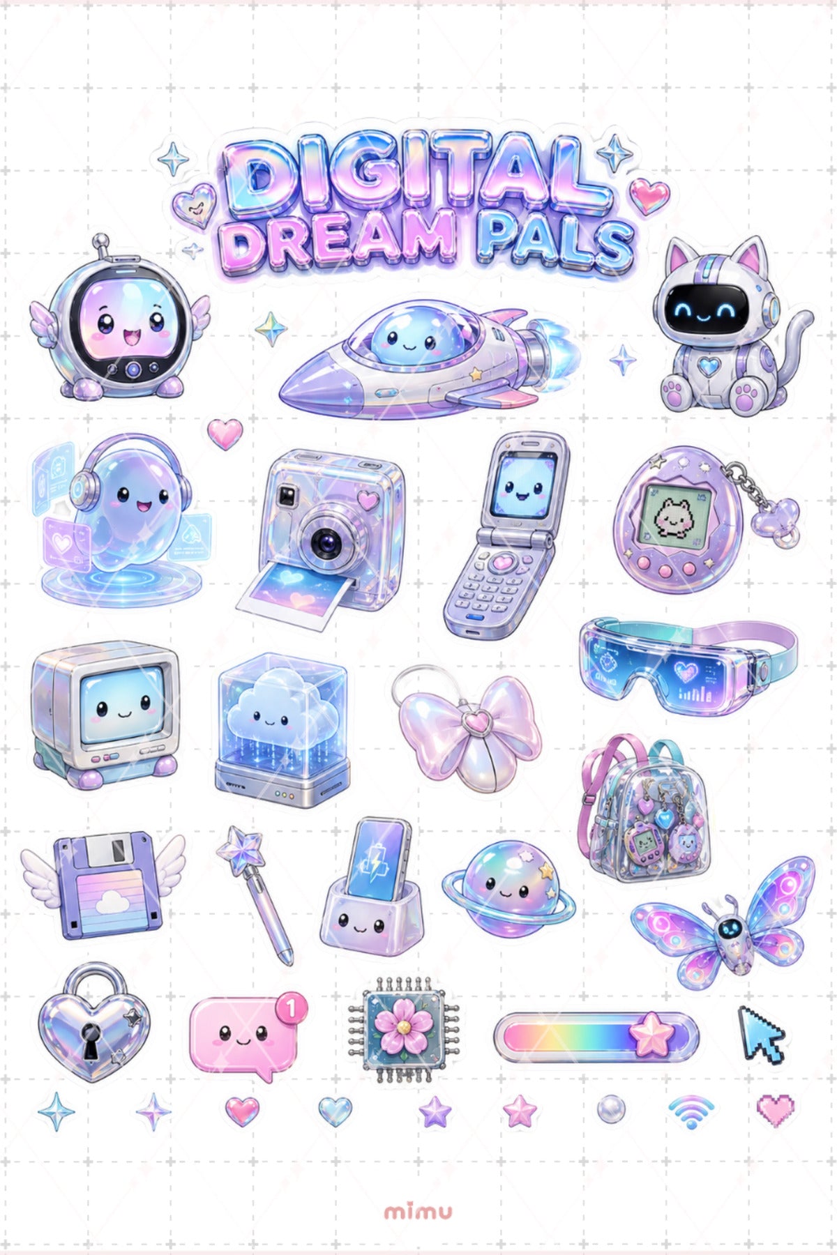 Kawaii Futurism Sticker Seti Pastel Teknoloji Robot Estetiği 2li Etiket - 2
