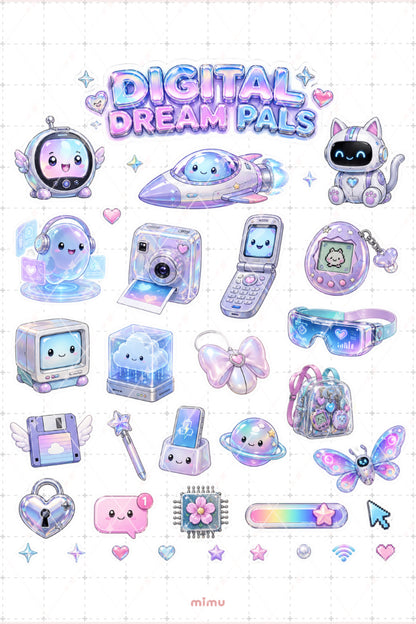 Kawaii Futurism Sticker Seti Pastel Teknoloji Robot Estetiği 2li Etiket - 2