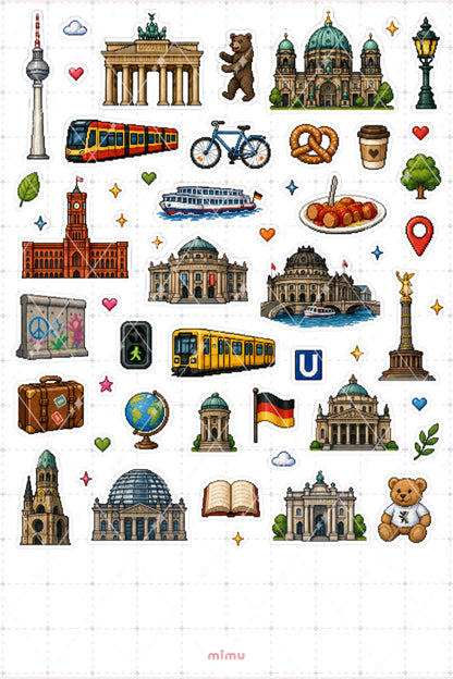 Pixel Art Berlin Sticker Seti Almanya Şehir Temalı Dekoratif 2'li Etiket