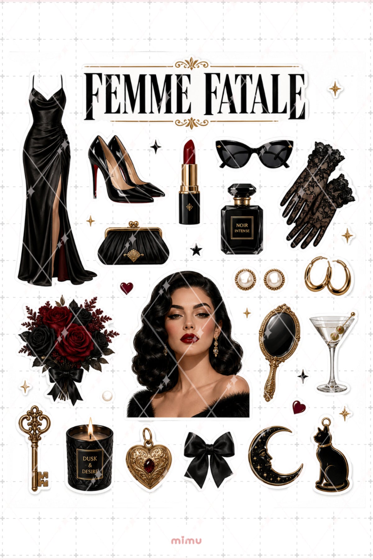Femme Fatale Sticker Seti Siyah Gotik Kadın Temalı 2li Dekoratif Etiket