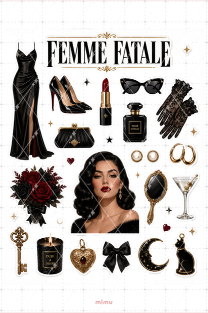 Femme Fatale Sticker Seti Siyah Gotik Kadın Temalı 2li Dekoratif Etiket