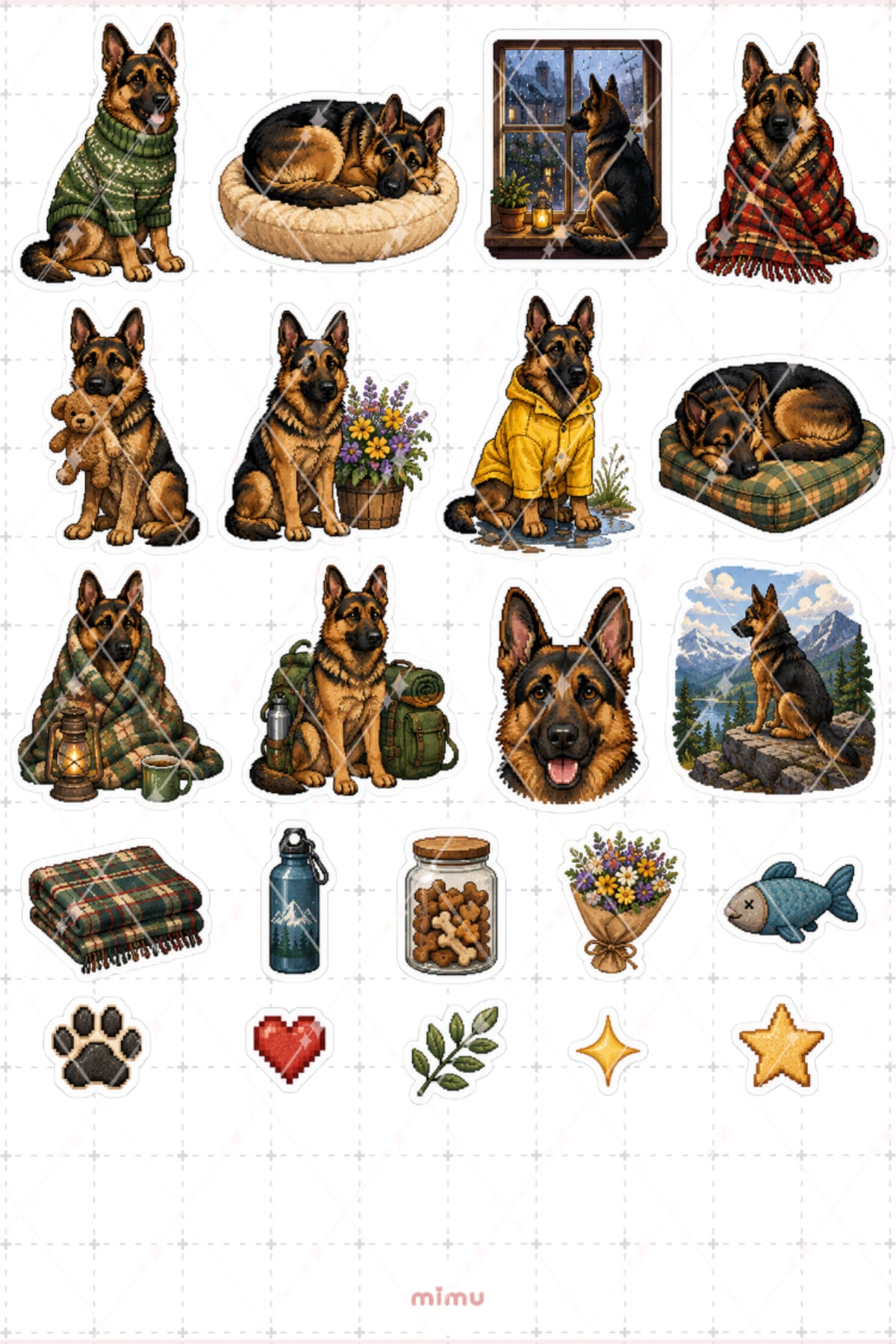 Pixel Art German Shepherd Sticker Seti Alman Çoban Köpeği Temalı Dekoratif 2'li Etiket