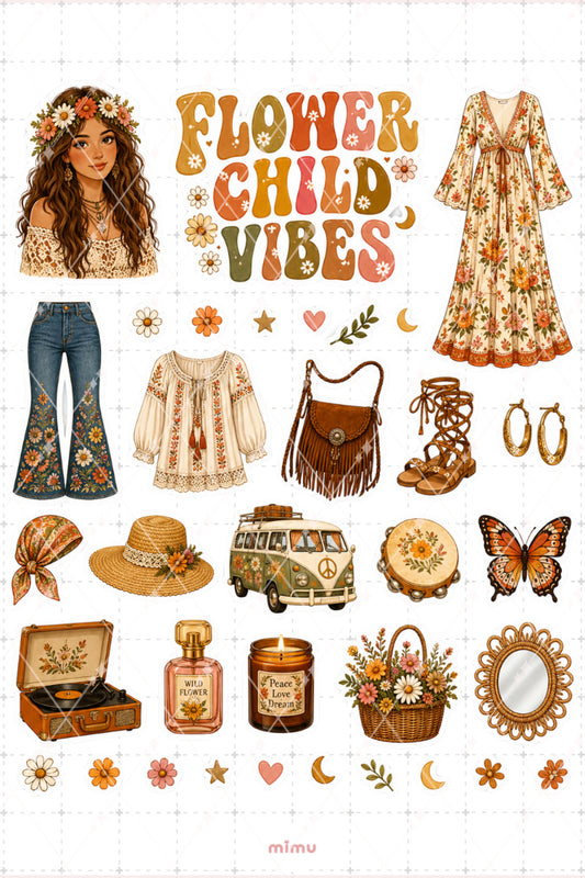 70s Boho Girl Sticker Seti Retro Çiçek Kız Temalı 2li Dekoratif Etiket