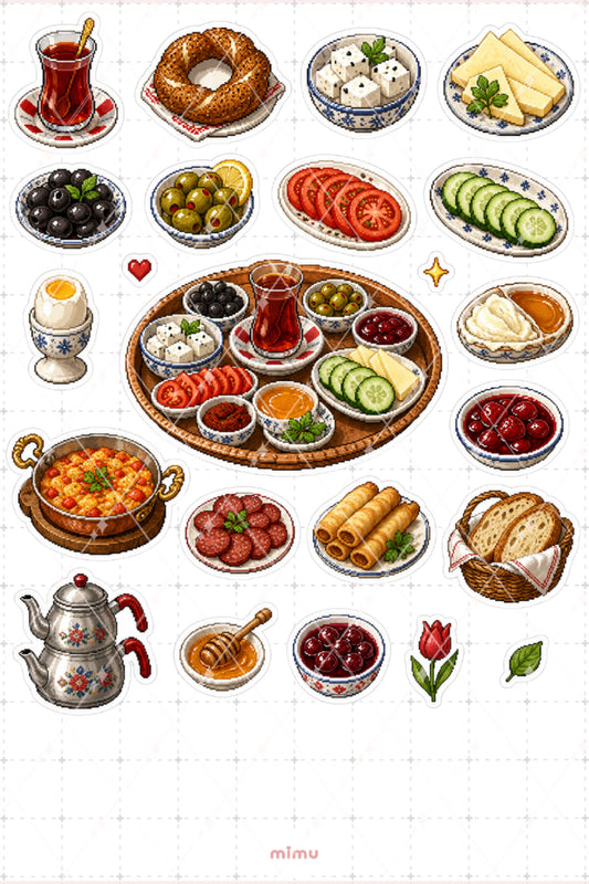 Pixel Art Türk Kahvaltısı Sticker Seti Geleneksel Sofra Temalı Dekoratif 2'li Etiket