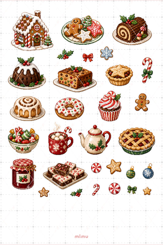 Pixel Art Yılbaşı Tatlıları Sticker Seti Noel Kurabiyeleri ve Sıcak İçecek Temalı Dekoratif 2'li Etiket