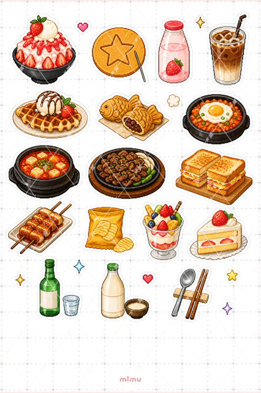 Pixel Art Kore Mutfağı Sticker Seti Asya Yemek Temalı Dekoratif 2'li Etiket
