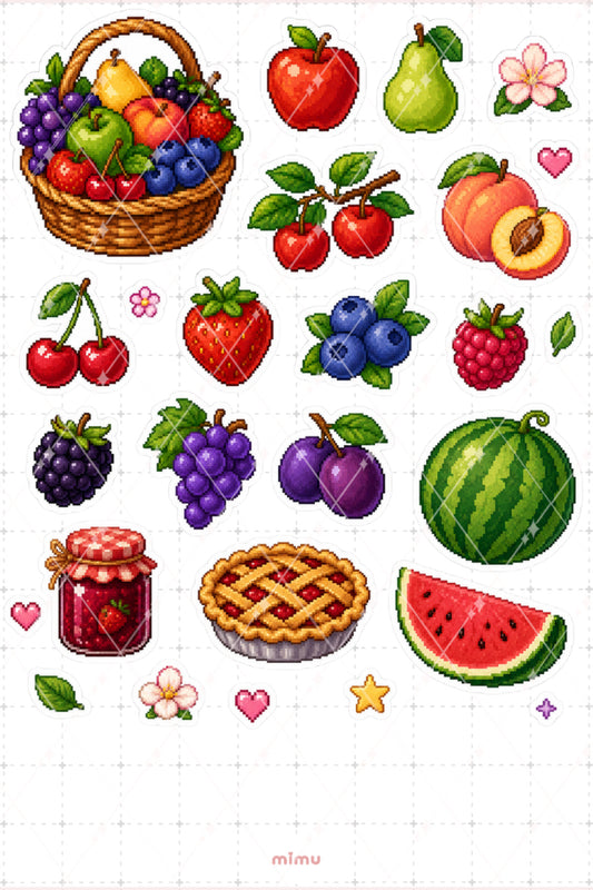 Pixel Art Meyve Sticker Seti Renkli Taze Meyveler Temalı Dekoratif 2'li Etiket