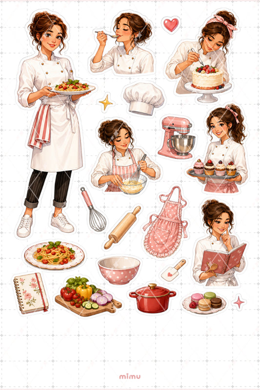Şef Kız Sticker Seti Aşçı Mutfak Pasta Tatlı Temalı Dekoratif 2'li Etiket