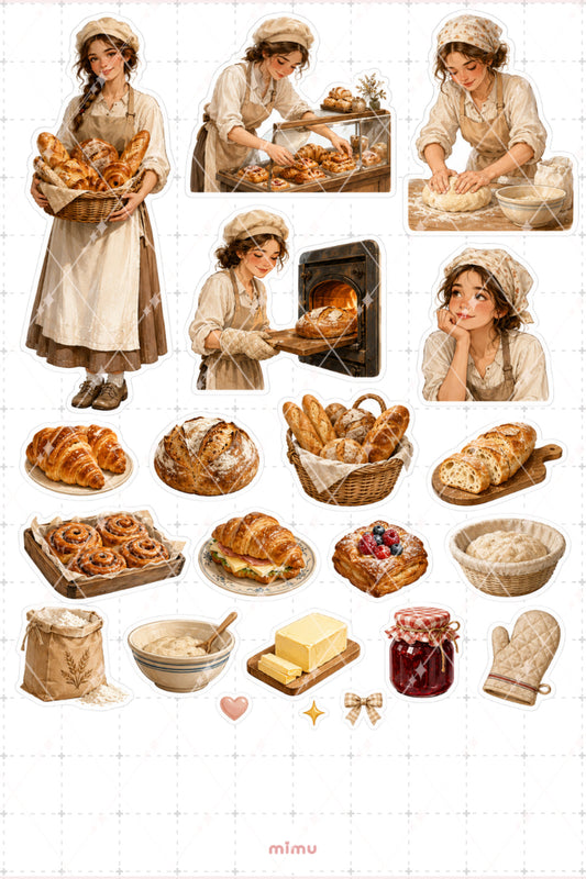 Fırıncı Kız Sticker Seti Pastane Ekmek Kruvasan Temalı Dekoratif 2'li Etiket