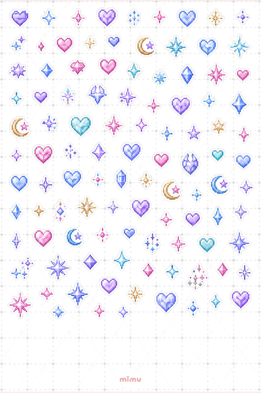 Pixel Art Yıldız Kalp Işıltı Sticker Seti Sparkle Temalı Dekoratif 2'li Etiket