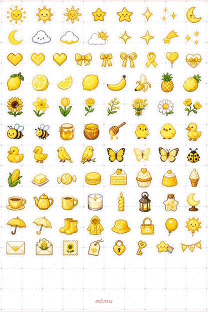 Pixel Art Sarı Renk Sticker Seti Yellow Estetik Renk Temalı Dekoratif 2'li Etiket