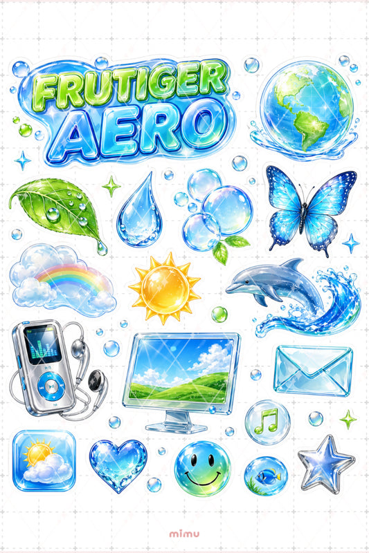FruTiger Aero Sticker Seti Mavi Yeşil Parlak Doğa Teknoloji 2li Etiket