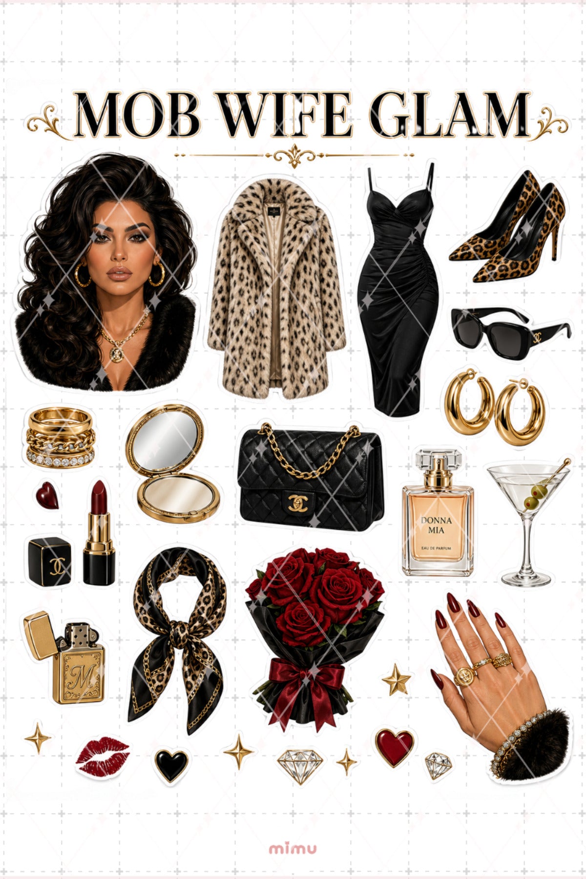 Mob Wife Glam Sticker Seti Leopar Siyah Altın Lüks Kolaj Temalı 2li Etiket - 2