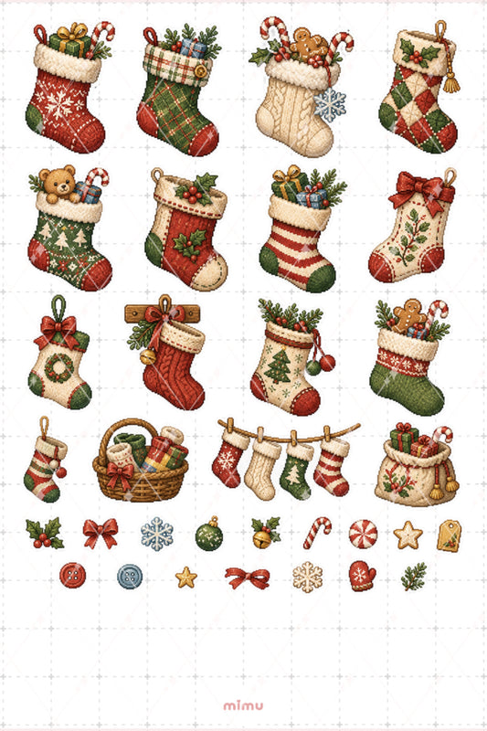 Pixel Art Yılbaşı Çorabı Sticker Seti Noel ve Hediye Temalı Dekoratif 2'li Etiket