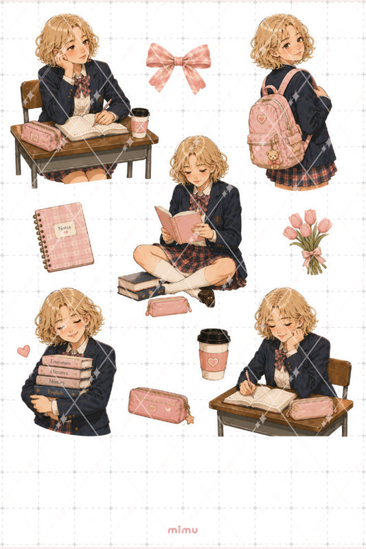 Sarışın Kısa Kıvırcık Saçlı Öğrenci Sticker Seti Okul ve Ders Çalışma Temalı Dekoratif 2'li Etiket