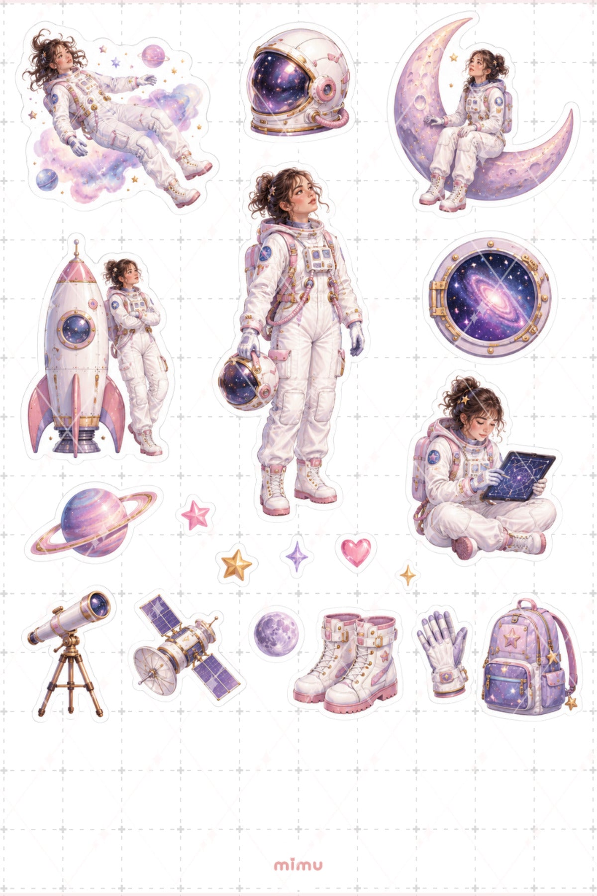 Astronot Kız Sticker Seti Uzay Galaksi Ay Temalı Dekoratif 2'li Etiket