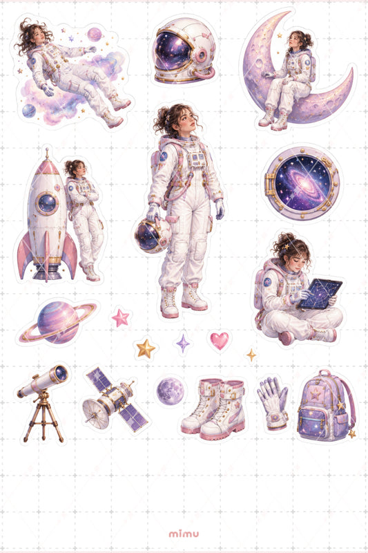 Astronot Kız Sticker Seti Uzay Galaksi Ay Temalı Dekoratif 2'li Etiket