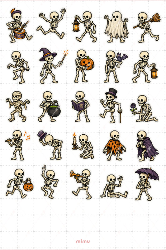Pixel Art Halloween Sticker Seti İskelet Temalı Dekoratif 2'li Etiket