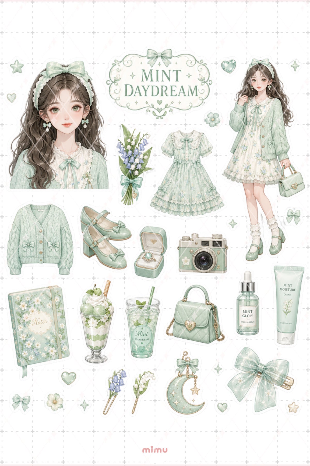 Mint Girl Sticker Seti Yeşil Fiyonk Kız Temalı 2li Dekoratif Etiket