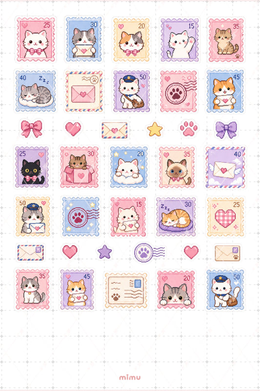 Pixel Art Kedi Pul Sticker Seti Vintage Posta Temalı Dekoratif 2'li Etiket
