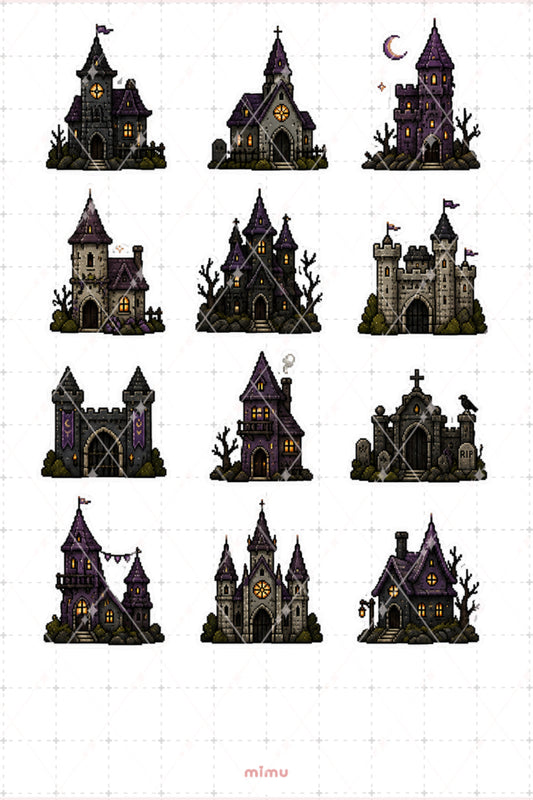 Pixel Art Halloween Sticker Seti Perili Ev Temalı Dekoratif 2'li Etiket