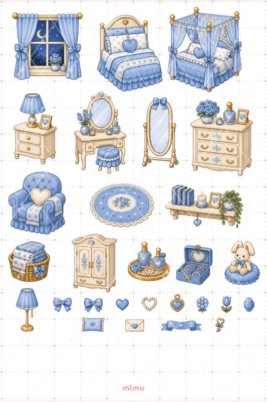 Pixel Art Mavi Yatak Odası Sticker Seti Gece ve Oda Dekoru Temalı Dekoratif 2'li Etiket