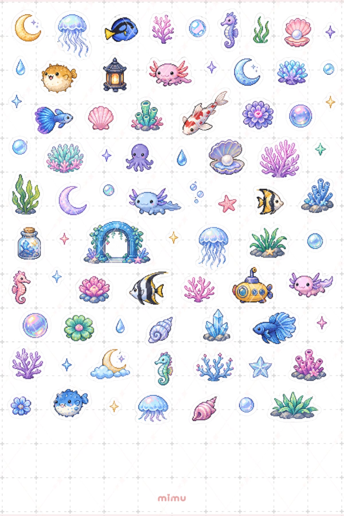 Pixel Art Akvaryum Sticker Seti Balık ve Su Altı Temalı Dekoratif 2'li Etiket