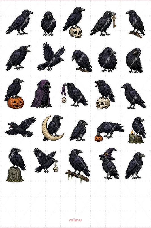 Pixel Art Halloween Sticker Seti Kuzgun Temalı Dekoratif 2'li Etiket
