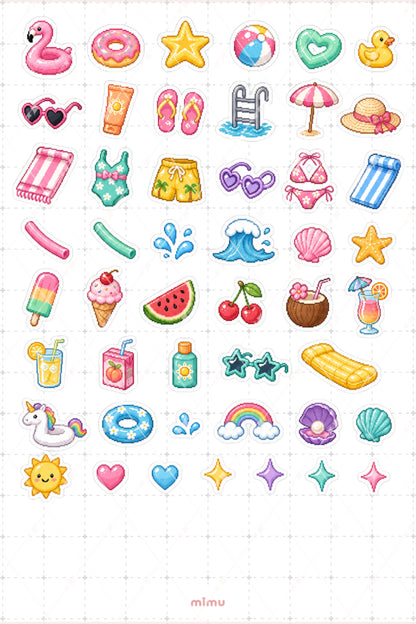Pixel Art Havuz Partisi Sticker Seti Yaz Eğlencesi Temalı Dekoratif 2'li Etiket