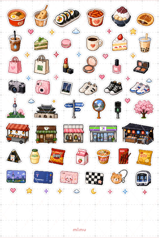 Pixel Art Seul Sticker Seti Kore Şehir Temalı Dekoratif 2'li Etiket