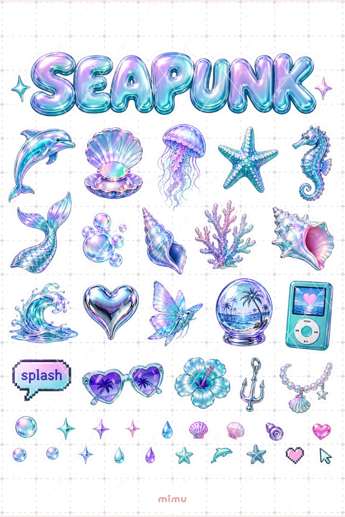 Seapunk Sticker Seti Sedefli Deniz Okyanus Pastel Estetik 2li Etiket - 2