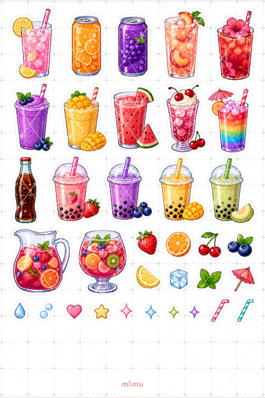 Pixel Art İçecek Sticker Seti Kahve Kokteyl ve Bardak Temalı Dekoratif 2'li Etiket