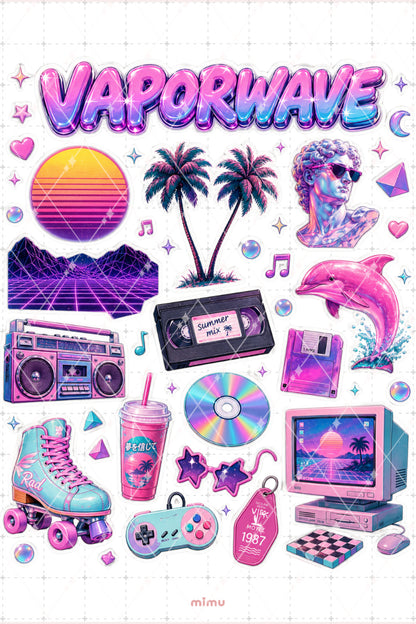 Vaporwave Sticker Seti Retro 80ler Neon Palmiye Estetiği 2li Etiket