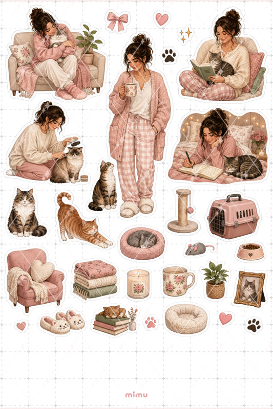 Kedi Annesi Sticker Seti Kedi Ev Cozy Yaşam Temalı Dekoratif 2'li Etiket