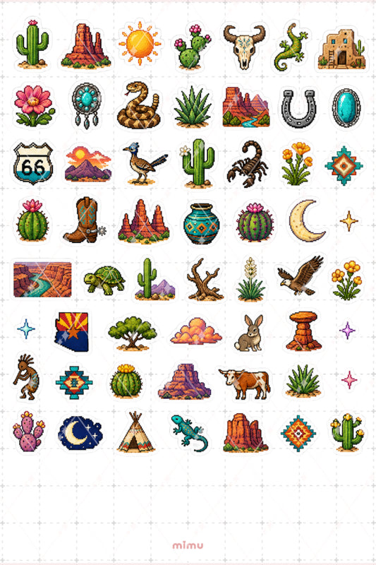 Pixel Art Arizona Sticker Seti Çöl ve Eyalet Temalı Dekoratif 2'li Etiket