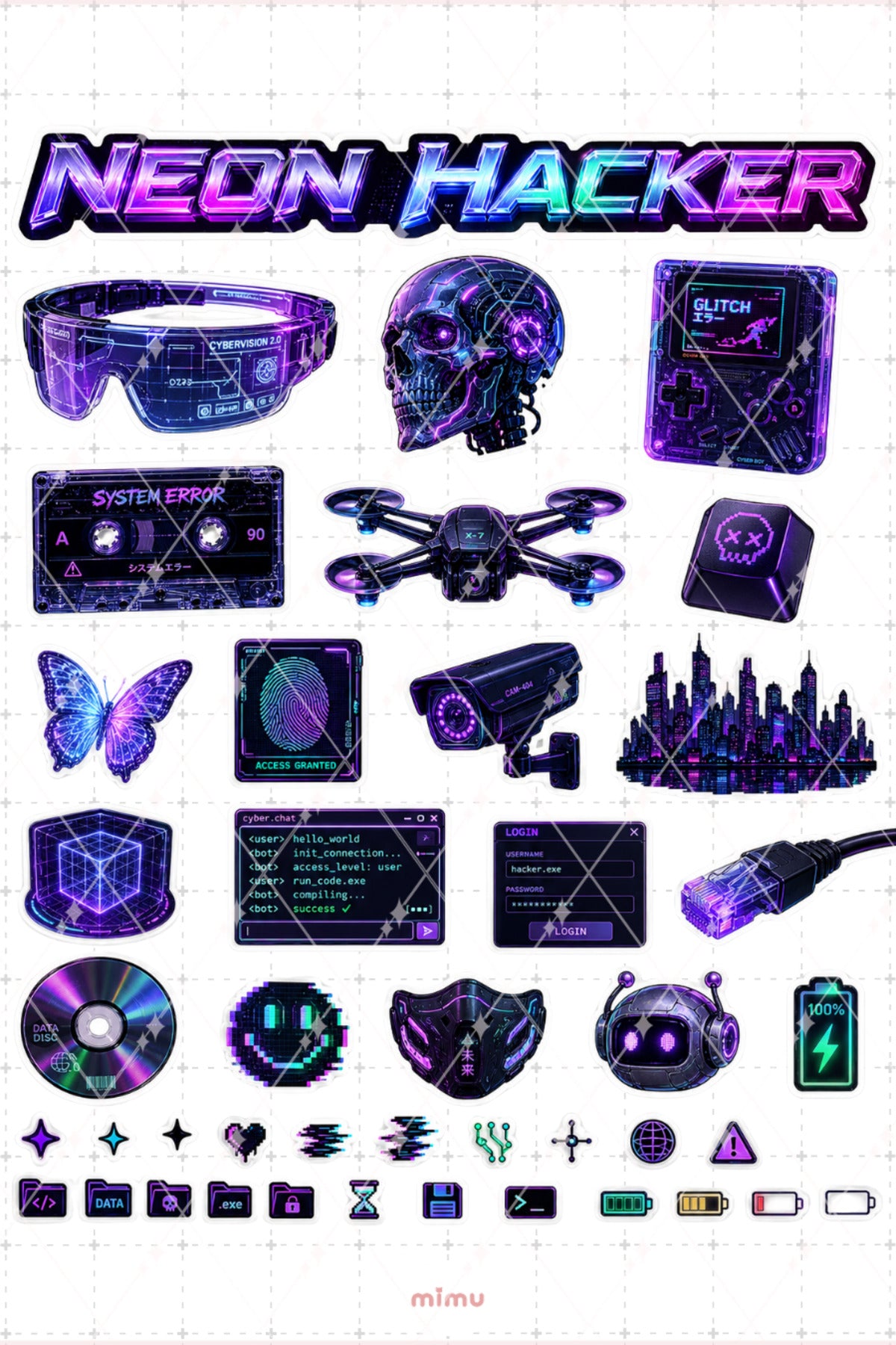 Cybercore Sticker Seti Siyah Neon Hacker Teknoloji Estetiği 2li Etiket - 2