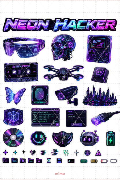 Cybercore Sticker Seti Siyah Neon Hacker Teknoloji Estetiği 2li Etiket - 2