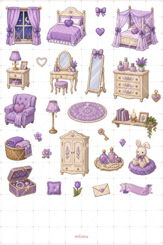Pixel Art Mor Yatak Odası Sticker Seti Lavanta ve Oda Dekoru Temalı Dekoratif 2'li Etiket
