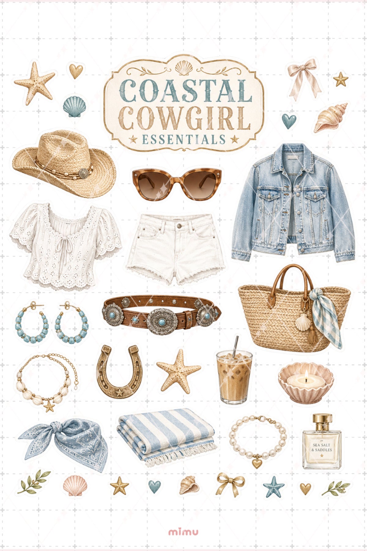 Coastal Cowgirl Sticker Seti Sahil Kovboy Estetiği Deniz Temalı 2li Etiket