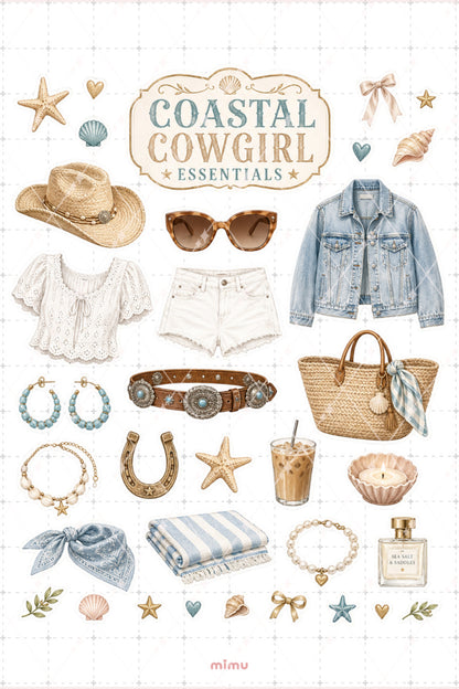 Coastal Cowgirl Sticker Seti Sahil Kovboy Estetiği Deniz Temalı 2li Etiket