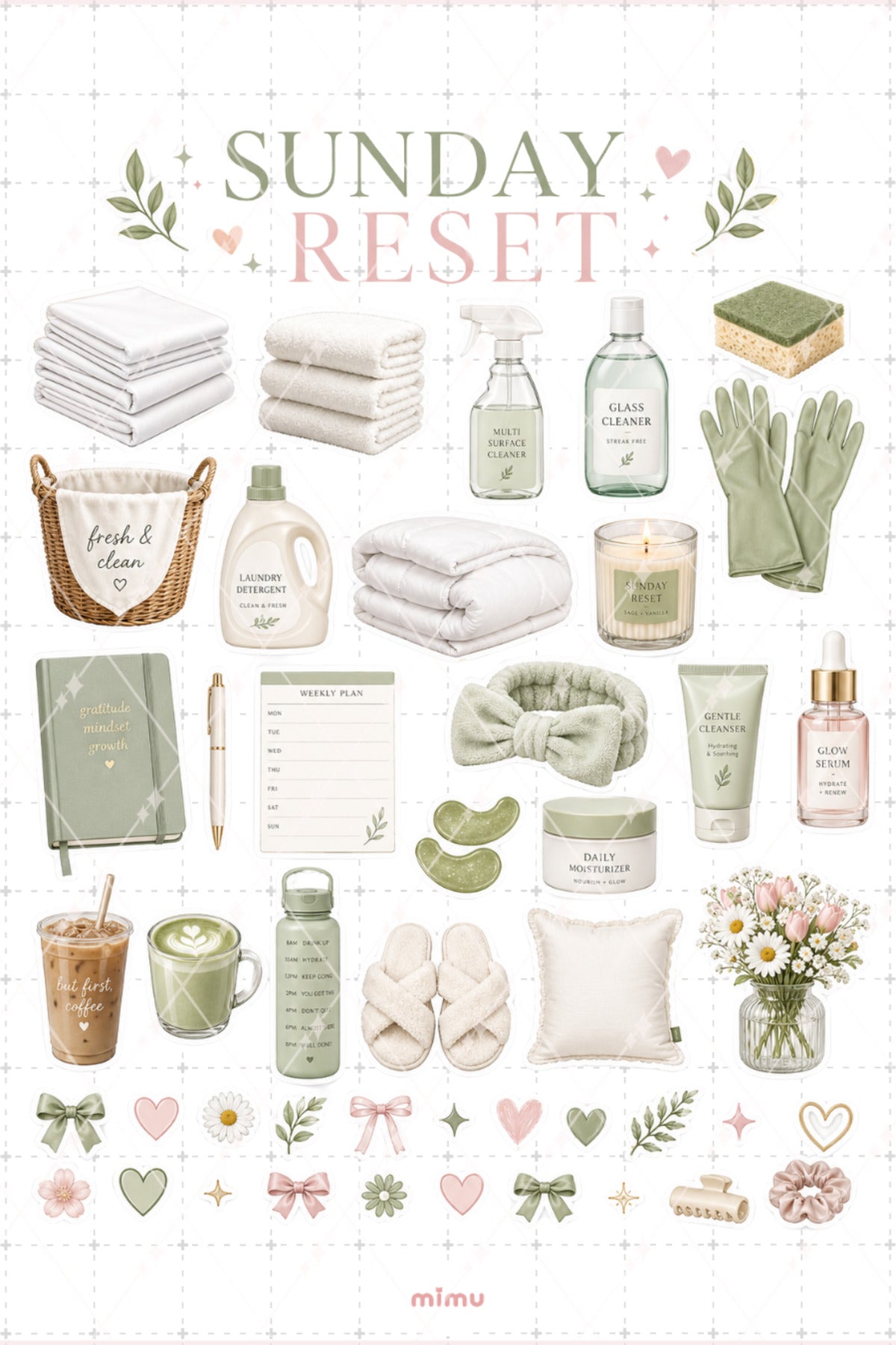 Sunday Reset Sticker Seti Temizlik Bakım Rutini Yeşil Pembe Estetik 2li Etiket