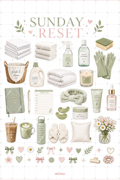 Sunday Reset Sticker Seti Temizlik Bakım Rutini Yeşil Pembe Estetik 2li Etiket