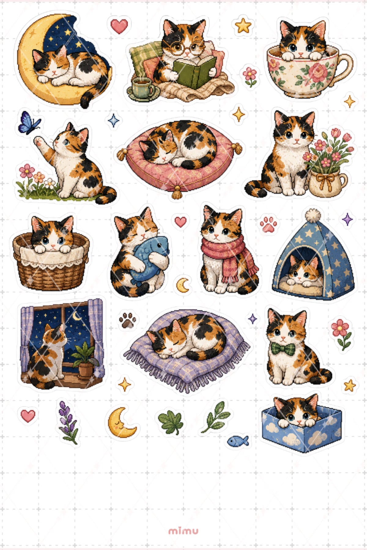 Pixel Art Calico Kedi Sticker Seti Üç Renkli Kedi Temalı Dekoratif 2'li Etiket