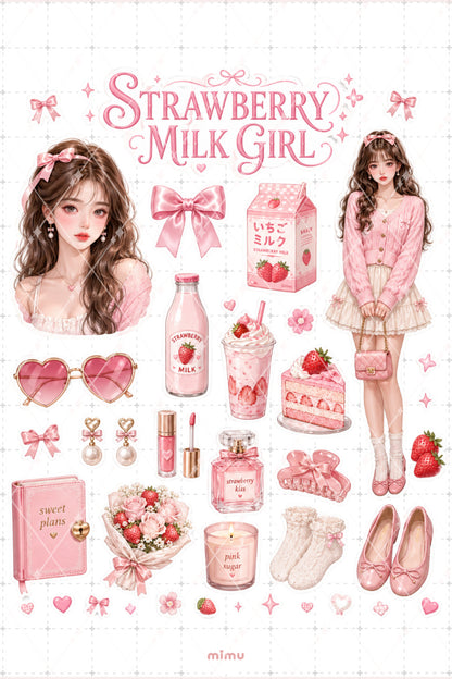 Strawberry Milk Girl Sticker Seti Pembe Çilek Sütü Kız Temalı 2li Dekoratif Etiket