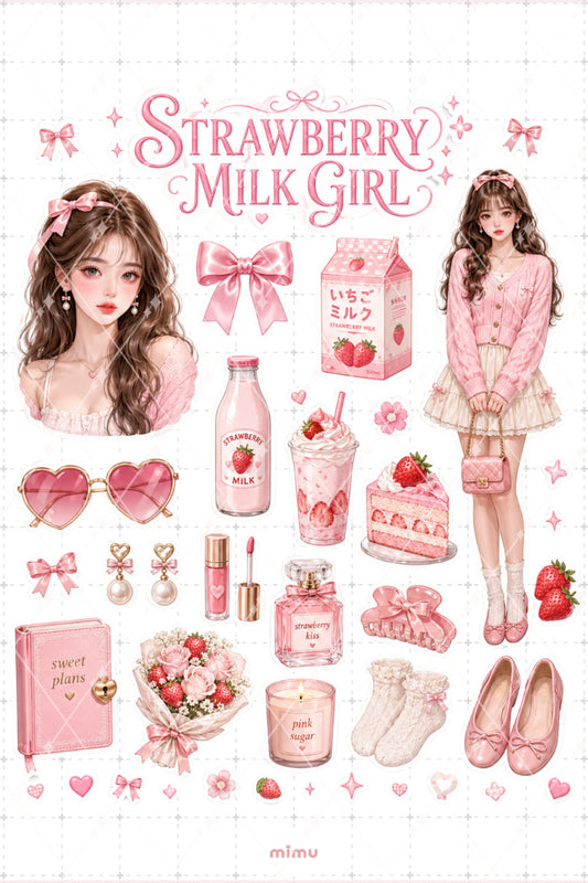 Strawberry Milk Girl Sticker Seti Pembe Çilek Sütü Kız Temalı 2li Dekoratif Etiket