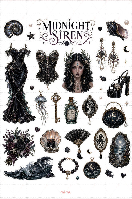 Siren Core Sticker Seti Siyah Deniz Kızı Gotik Deniz Temalı 2li Dekoratif Etiket